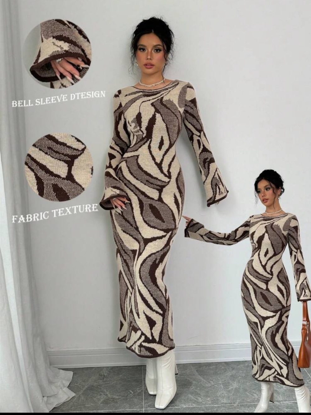 Women's Long Sleeve Abstract Knit Maxi Dress in Cream and Brown Sz 12 nwt